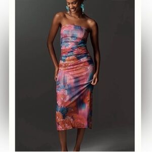 NWT | Anthropologie Soleil Strapless Ruched Mesh Midi Dress